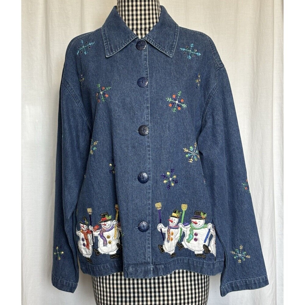 New Direction Size M Denim Jacket Shirt Snowman Winter Theme NWT button down